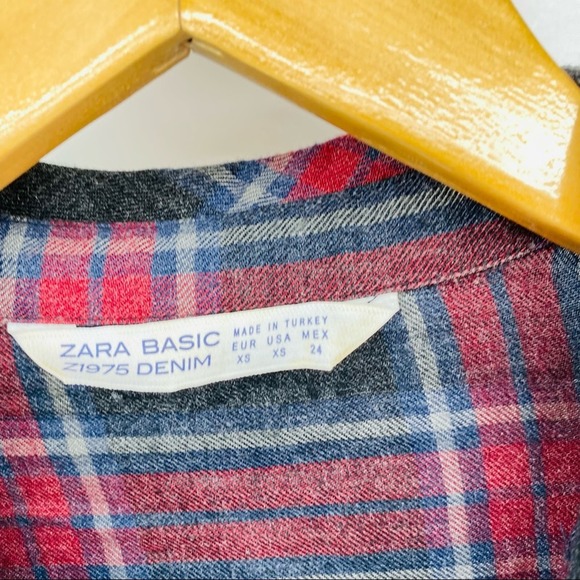 Zara Red Gray Plaid Print Large Pocket Tunic Top XS - Picture 3 of 6